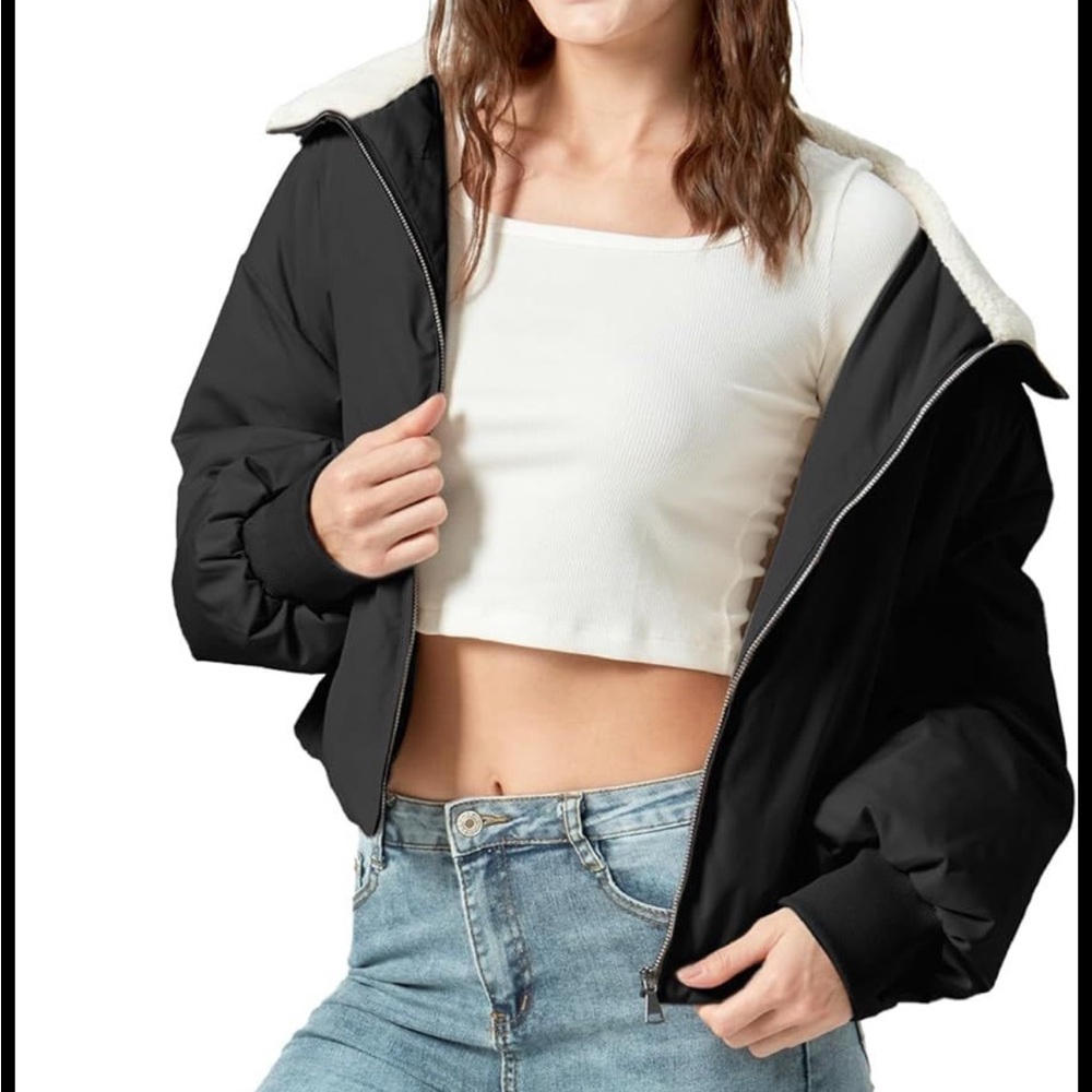 Black Cropped Down Bomber Jacket - Women